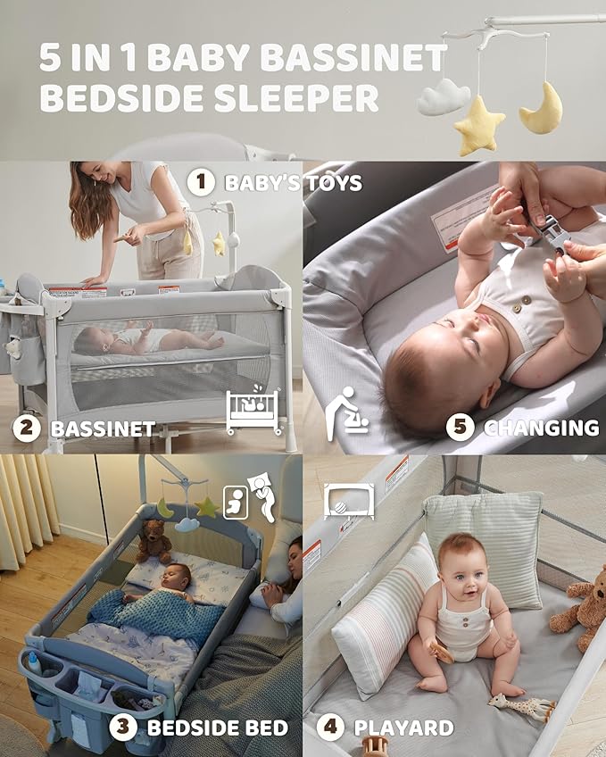 5 in 1 Baby Bassinet Bedside Sleeper, Baby Bedside Crib 5 Functions, Bedside Sleeper, Bassinet Crib, Changing Station for Newborn Baby
