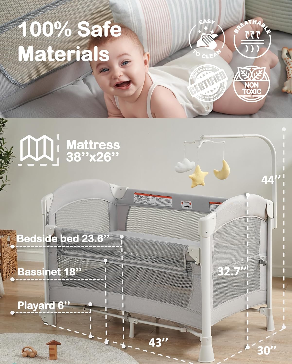 5 in 1 Baby Bassinet Bedside Sleeper, Baby Bedside Crib 5 Functions, Bedside Sleeper, Bassinet Crib, Changing Station for Newborn Baby